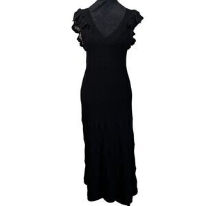 Sézane "Aphrodite" Black V-Neck Romantic Midi Dress Quiet Luxury Classy